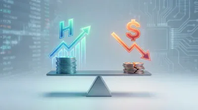 A metallic balance scale is centrally positioned. On the left side, a stack of shiny silver coins, illuminated with a blue glow, supports a large, neon blue 'H' symbol and an upward-pointing arrow. The background shows blurred financial tickers. On the right side, a stack of cracked, reddish-bronze coins, glowing orange, supports a large, neon orange dollar sign ($) and a downward-pointing arrow. The background features a blurred electronic circuit board pattern. The left side of the scale is slightly lower than the right, suggesting more weight or positive momentum.