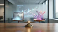 A dimly lit office room features a classic brass balance scale on a polished wooden desk. On the left pan, a glowing silver 'U.S. Treasury I Savings Bond' certificate with a large 'I' is displayed. On the right pan, translucent purple and pink glowing icons represent a cell tower, wireless signals, a smartphone, and an upward arrow. In the blurred background, a large screen shows multicolored financial graphs with fluctuating lines and bar charts.