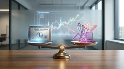 A dimly lit office room features a classic brass balance scale on a polished wooden desk. On the left pan, a glowing silver 'U.S. Treasury I Savings Bond' certificate with a large 'I' is displayed. On the right pan, translucent purple and pink glowing icons represent a cell tower, wireless signals, a smartphone, and an upward arrow. In the blurred background, a large screen shows multicolored financial graphs with fluctuating lines and bar charts.