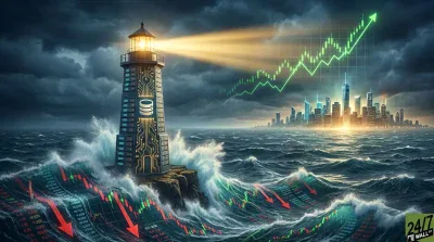 A dramatic scene depicting a technology-themed lighthouse with circuit board patterns and a database icon, shining a bright light over a stormy, dark blue ocean. Waves are overlaid with red and green stock market candlestick charts, some showing sharp downturns with red arrows and others indicating potential upturns. In the background, a modern cityscape glows under a dark, cloud-filled sky, with a bright green upward-trending stock chart extending from the lighthouse's beam towards the city.
