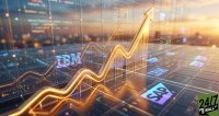 Abstracting the financial report into a vibrant, upward-moving digital landscape with recognizable corporate logos provides an immediate visual shorthand for 'market dominance.'
