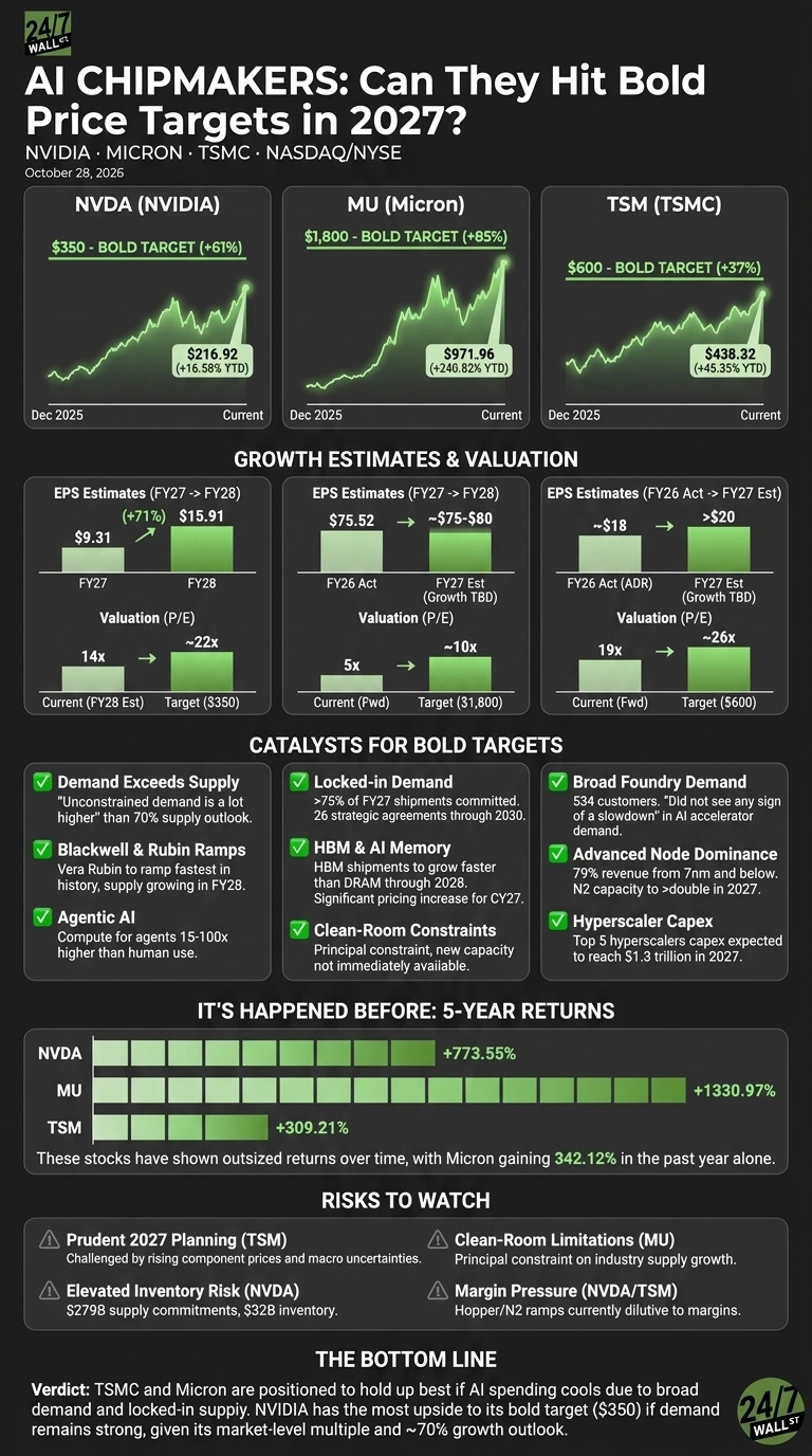 A financial infographic titled 'AI CHIPMAKERS: Can They Hit Bold Price Targets in 2027?' from 24/7 Wall St., dated October 28, 2026. The infographic is divided into several sections. The top section, 'AI CHIPMAKERS,' displays stock performance charts and bold price targets for NVDA (NVIDIA), MU (Micron), and TSM (TSMC). NVDA has a $350 bold target (+61%) with a current price of $216.92 (+16.58% YTD). MU has an $1,800 bold target (+85%) with a current price of $971.96 (+240.82% YTD). TSM has a $600 bold target (+37%) with a current price of $438.32 (+45.35% YTD). Below this is 'GROWTH ESTIMATES & VALUATION,' showing EPS estimates and P/E ratios for each company for FY27 and FY28. The 'CATALYSTS FOR BOLD TARGETS' section lists six positive factors including 'Demand Exceeds Supply,' 'Locked-in Demand,' and 'Hyperscaler Capex.' The 'IT'S HAPPENED BEFORE: 5-YEAR RETURNS' section shows historical 5-year returns: NVDA +773.55%, MU +1330.97%, and TSM +309.21%. 'RISKS TO WATCH' details four potential risks, such as 'Prudent 2027 Planning (TSM)' and 'Elevated Inventory Risk (NVDA).' The 'THE BOTTOM LINE' verdict states that TSMC and Micron are positioned to hold up best, and NVIDIA has the most upside to its bold target. The infographic uses a dark background with green and white text and chart elements.