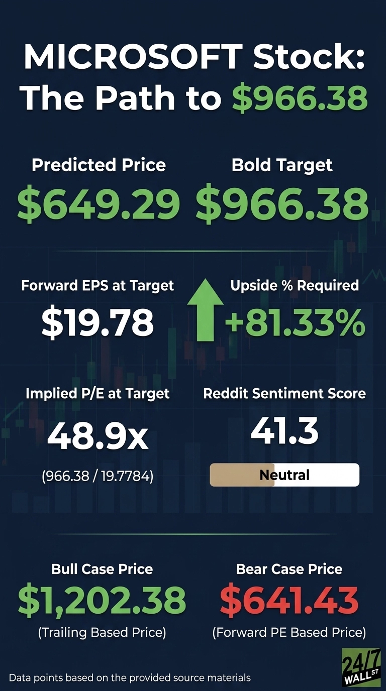 An infographic titled 'MICROSOFT Stock: The Path to $966.38' on a dark blue background with faint stock chart lines. The top section displays 'Predicted Price $649.29' and 'Bold Target $966.38'. The middle section shows 'Forward EPS at Target $19.78', 'Upside % Required +81.33%' with a green upward arrow, 'Implied P/E at Target 48.9x (966.38 / 19.7784)', and 'Reddit Sentiment Score 41.3' with a 'Neutral' label in a beige box. The bottom section presents 'Bull Case Price $1,202.38 (Trailing Based Price)' and 'Bear Case Price $641.43 (Forward PE Based Price)'. The logo '24/7 WALL ST' is in the bottom right corner.