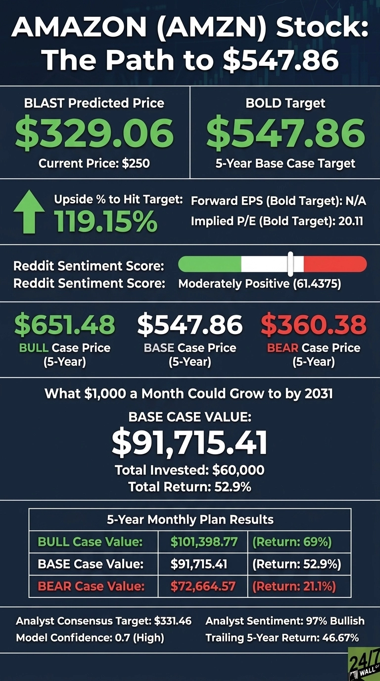 An infographic titled 'AMAZON (AMZN) Stock: The Path to $547.86' on a dark blue background. It shows a BLAST Predicted Price of $329.06 with a Current Price of $250, and a BOLD Target of $547.86 as a 5-Year Base Case Target. The Upside % to Hit Target is 119.15%. Forward EPS (Bold Target) is N/A, and Implied P/E (Bold Target) is 20.11. The Reddit Sentiment Score is Moderately Positive (61.4375), indicated by a green-to-red bar. It lists 5-Year Case Prices: BULL $651.48, BASE $547.86, and BEAR $360.38. A section titled 'What $1,000 a Month Could Grow to by 2031' shows a BASE CASE VALUE of $91,715.41, Total Invested of $60,000, and Total Return of 52.9%. A table for '5-Year Monthly Plan Results' provides values for BULL Case: $101,398.77 (Return: 69%), BASE Case: $91,715.41 (Return: 52.9%), and BEAR Case: $72,664.57 (Return: 21.1%). The bottom displays Analyst Consensus Target: $331.46, Analyst Sentiment: 97% Bullish, Model Confidence: 0.7 (High), and Trailing 5-Year Return: 46.67%.
