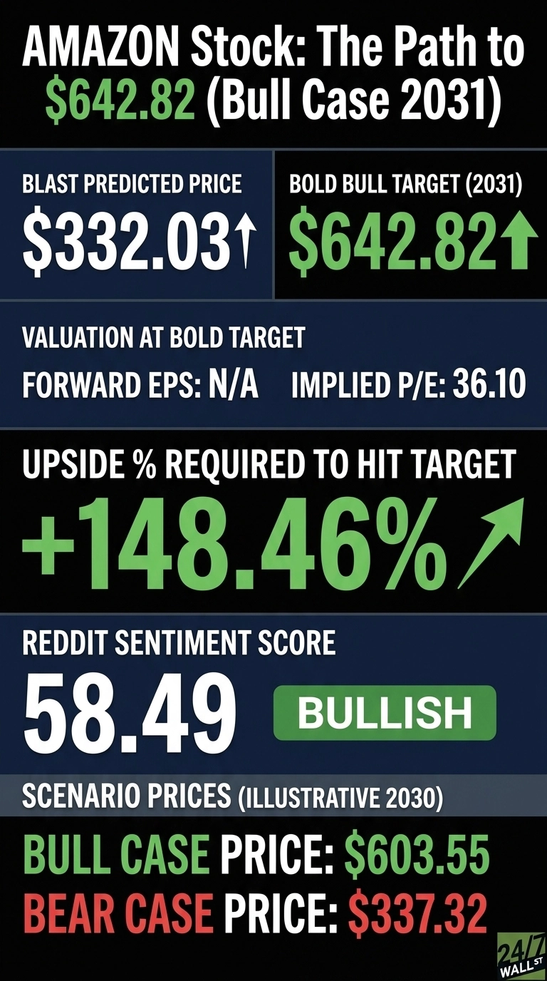 An infographic titled 'AMAZON Stock: The Path to $642.82 (Bull Case 2031)' on a dark background with blue and green sections. It shows 'BLAST PREDICTED PRICE' as $332.03 with a green upward arrow and 'BOLD BULL TARGET (2031)' as $642.82, also with a green upward arrow. The 'VALUATION AT BOLD TARGET' section lists 'FORWARD EPS: N/A' and 'IMPLIED P/E: 36.10'. 'UPSIDE % REQUIRED TO HIT TARGET' is displayed as '+148.46%' with a green upward arrow. The 'REDDIT SENTIMENT SCORE' is 58.49, accompanied by a green 'BULLISH' label. 'SCENARIO PRICES (ILLUSTRATIVE 2030)' includes 'BULL CASE PRICE: $603.55' in green and 'BEAR CASE PRICE: $337.32' in red. The '24/7 WALL ST' logo is visible in the bottom right corner.
