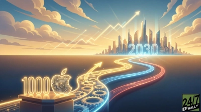 A vibrant digital illustration depicts an investment journey. In the foreground, glowing gold numbers '1000' sit next to a stylized Apple logo designed with circuit board patterns. From this platform, a golden, winding path marked with gears leads upwards towards a futuristic city skyline in the distance. Parallel to this, blue and red glowing paths also curve towards the city. Above the cityscape, several glowing white upward-trending arrows represent growth, and large glowing numbers '2030' are positioned in front of the buildings. The sky is a gradient of blue to orange with soft clouds, suggesting sunrise or sunset. A '24/7 WALL ST' logo is in the bottom right corner.