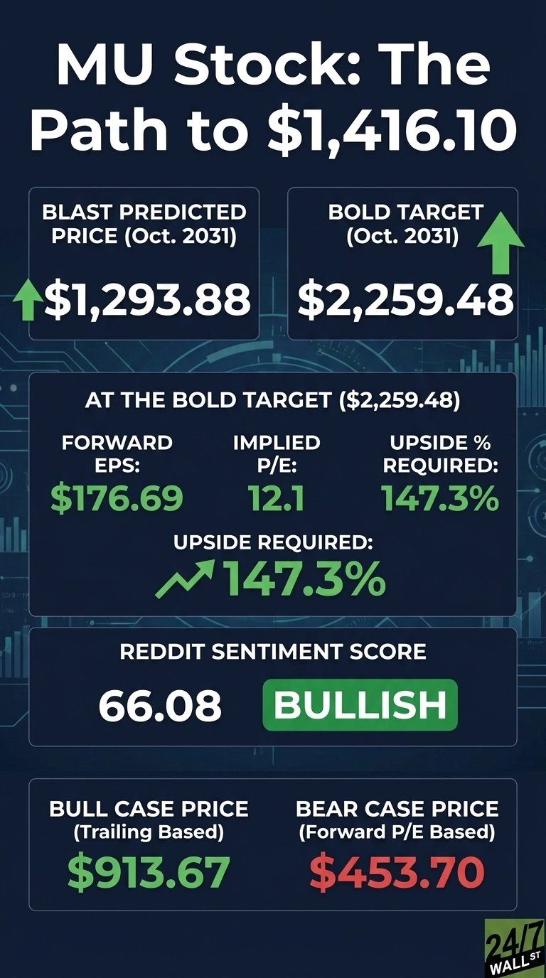 An infographic titled 'MU Stock: The Path to $1,416.10' on a dark blue background with digital circuit patterns. It features several data boxes. Top left box: 'BLAST PREDICTED PRICE (Oct. 2031)' shows '$1,293.88' with a green upward arrow. Top right box: 'BOLD TARGET (Oct. 2031)' shows '$2,259.48' with a green upward arrow. Middle section, titled 'AT THE BOLD TARGET ($2,259.48)', lists 'FORWARD EPS: $176.69', 'IMPLIED P/E: 12.1', and 'UPSIDE % REQUIRED: 147.3%'. Below this, 'UPSIDE REQUIRED: 147.3%' is shown with a green upward trending arrow graph. The next section, 'REDDIT SENTIMENT SCORE', displays '66.08' next to a green box labeled 'BULLISH'. The bottom section has two boxes: 'BULL CASE PRICE (Trailing Based) $913.67' in green text, and 'BEAR CASE PRICE (Forward P/E Based) $453.70' in red text. A '24/7 WALL ST' logo is in the bottom right corner.