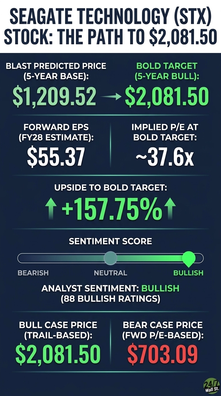 An infographic titled 'SEAGATE TECHNOLOGY (STX) STOCK: THE PATH TO $2,081.50' on a dark blue background with white and green text. It presents two main price targets: BLAST Predicted Price (5-Year Base) of $1,209.52, and Bold Target (5-Year Bull) of $2,081.50, with an arrow pointing from the former to the latter. Below, Forward EPS (FY28 Estimate) is listed as $55.37, and Implied P/E at Bold Target is ~37.6x. The Upside to Bold Target is shown as +157.75% with a green upward arrow icon. A horizontal sentiment score slider indicates a 'Bullish' sentiment, accompanied by 'ANALYST SENTIMENT: BULLISH (88 BULLISH RATINGS)'. At the bottom, Bull Case Price (Trail-Based) is $2,081.50 in green, and Bear Case Price (FWD P/E-Based) is $703.09 in red.