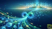An abstract digital image features a glowing infinity symbol at its center, with streams of light and digital cryptocurrency coins, including Bitcoin and Ethereum, flowing towards it from the bottom left. In the background, a futuristic city skyline glows with networked connections, and large luminous numbers '2030' and '2031' are visible above it. The scene is rendered in shades of blue, green, and teal, with bright light emanating from the cityscape and the infinity symbol.