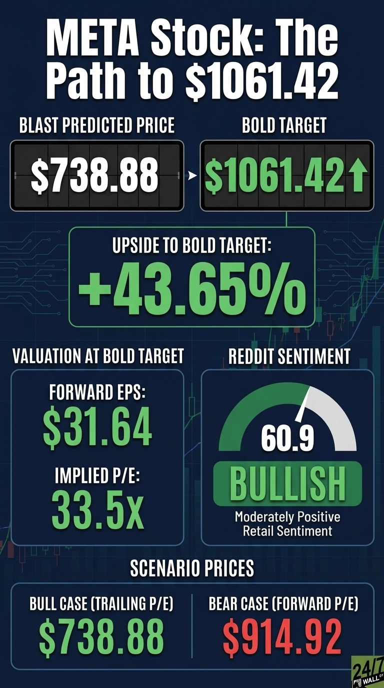 A financial infographic titled 'META Stock: The Path to $1061.42' on a dark blue background with circuit board patterns. It displays key financial data in green and white text within dark grey rectangular boxes. Sections include 'BLAST PREDICTED PRICE' at '$738.88' and 'BOLD TARGET' at '$1061.42' with an upward arrow. Below that, 'UPSIDE TO BOLD TARGET' shows '+43.65%'. The 'VALUATION AT BOLD TARGET' section lists 'FORWARD EPS: $31.64' and 'IMPLIED P/E: 33.5x'. Adjacent is 'REDDIT SENTIMENT' displaying a partial green circle with '60.9 BULLISH' and 'Moderately Positive Retail Sentiment'. At the bottom, 'SCENARIO PRICES' shows 'BULL CASE (TRAILING P/E) $738.88' in green and 'BEAR CASE (FORWARD P/E) $914.92' in red.