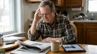 A senior man with gray hair and glasses, wearing a blue and green plaid shirt, sits at a wooden kitchen table. He is holding his right hand to his forehead, looking down at a newspaper in front of him. A coffee mug and a digital tablet displaying news are also on the table, along with other newspapers and a window showing a wintery outdoor scene in the background.