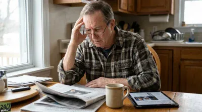 A senior man with gray hair and glasses, wearing a blue and green plaid shirt, sits at a wooden kitchen table. He is holding his right hand to his forehead, looking down at a newspaper in front of him. A coffee mug and a digital tablet displaying news are also on the table, along with other newspapers and a window showing a wintery outdoor scene in the background.