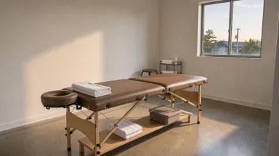 A clean, modern massage room with light beige walls and a concrete floor. A brown, two-section massage table with a face cradle and neatly folded white towels sits in the foreground. In the background, a small stool and a metal shelf with more white towels and a lotion bottle are visible. Sunlight streams through a window on the right, casting shadows on the floor and wall.