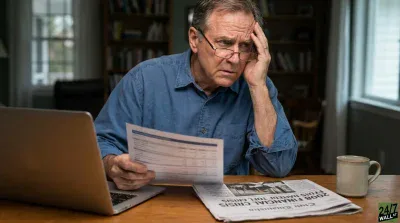 A distraught older man with glasses and a blue shirt sits at a wooden table, holding financial papers. His left hand is pressed against his forehead, conveying worry. An open laptop is to his left, and a newspaper with a visible headline about the '2008 FINANCIAL CRISIS' is on the table to his right, next to a ceramic mug. A bookshelf and window are blurred in the background.