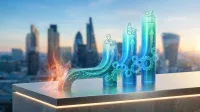 A digital illustration shows a metallic surface with an illuminated, upward-curving pathway marked '3%' and an arrow, leading to three translucent blue and green bar graphs. The first bar features a person with coins, the second a bottle and package, and the third a sun and wind turbine. Several glowing gears are visible between the bars, all set against a blurred city skyline with tall buildings and a bright sky.