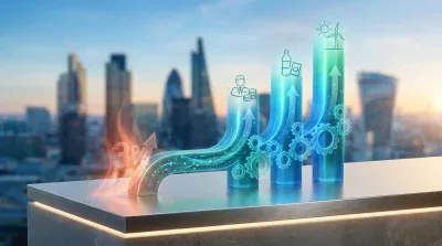 A digital illustration shows a metallic surface with an illuminated, upward-curving pathway marked '3%' and an arrow, leading to three translucent blue and green bar graphs. The first bar features a person with coins, the second a bottle and package, and the third a sun and wind turbine. Several glowing gears are visible between the bars, all set against a blurred city skyline with tall buildings and a bright sky.