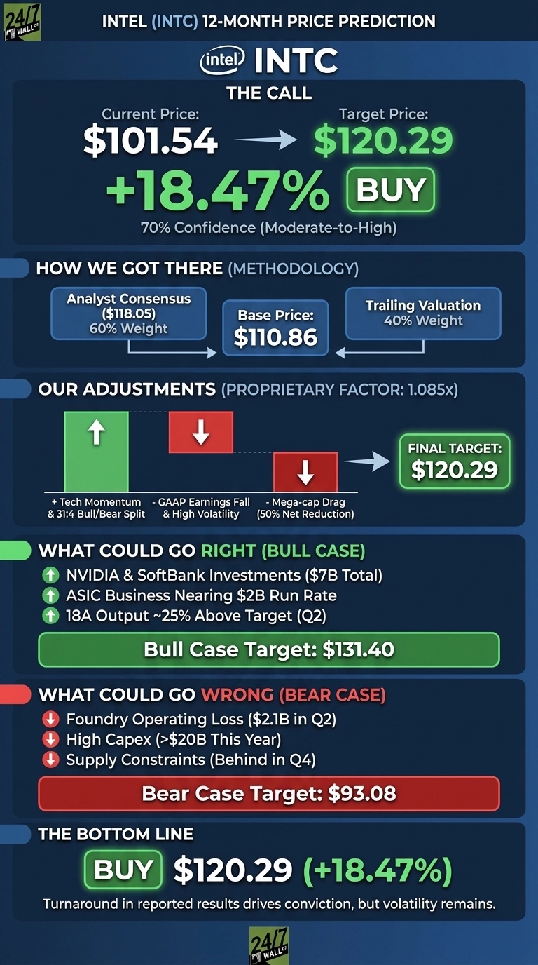 An infographic titled 'Intel (INTC) 12-Month Price Prediction' on a dark blue background. The top section, 'The Call', shows 'Current Price: $101.54' with an arrow pointing to 'Target Price: $120.29', and below, a large green text '+18.47% BUY' with '70% Confidence (Moderate-to-High)'. The 'How We Got There (Methodology)' section displays 'Analyst Consensus ($118.05) 60% Weight' and 'Trailing Valuation 40% Weight' boxes, both pointing to a 'Base Price: $110.86' box. The 'Our Adjustments (Proprietary Factor: 1.085x)' section uses visual bars and arrows, indicating positive 'Tech Momentum' and negative 'GAAP Earnings Fall & High Volatility' and 'Mega-cap Drag (50% Net Reduction)', all leading to a 'Final Target: $120.29'. The 'What Could Go Right (Bull Case)' section lists three green upward bullet points: 'NVIDIA & SoftBank Investments ($7B Total)', 'ASIC Business Nearing $2B Run Rate', and '18A Output ~25% Above Target (Q2)', concluding with a 'Bull Case Target: $131.40'. The 'What Could Go Wrong (Bear Case)' section lists three red downward bullet points: 'Foundry Operating Loss ($2.1B in Q2)', 'High Capex (>$20B This Year)', and 'Supply Constraints (Behind in Q4)', concluding with a 'Bear Case Target: $93.08'. The bottom section, 'The Bottom Line', reiterates 'BUY $120.29 (+18.47%)' followed by text 'Turnaround in reported results drives conviction, but volatility remains.'.