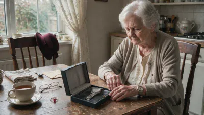 An elderly woman with white hair and a beige cardigan sits at a wooden table, looking down at an open dark green box containing a silver wristwatch. She wears another silver watch on her left wrist. On the table are a teacup, folded cloth, reading glasses, a tan envelope, and a gold ring with a prominent red ruby gemstone. A window overlooking a garden and a kitchen area are visible in the background.