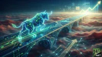 A vibrant, glowing blue and green wireframe bull is depicted mid-stride on a futuristic bridge made of circuit board patterns. The bridge, spanning across a misty, cloud-filled sky, displays illuminated world map outlines, particularly South America, and various digital data points. Towards the horizon, a bright light emanates, surrounded by floating financial icons including an upward arrow graph, shopping cart, dollar sign, and credit card. The overall scene suggests digital connectivity, financial growth, and a forward-looking perspective.