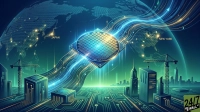 A glowing blue and green digital graphic depicts a global network. A large, square microchip with a circular wafer pattern sits prominently in the center, emitting bright light. Wavy, luminous lines resembling data streams flow from the chip, connecting to a dotted globe showing maps of Asia and North America, with 'JAPAN' and 'NEW YORK' marked. The foreground features a stylized cityscape with skyscrapers and construction cranes, all built upon intricate green circuit board patterns. The overall impression is one of advanced technology and global connectivity.