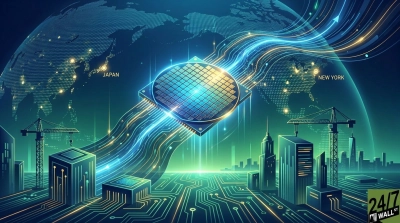 A glowing blue and green digital graphic depicts a global network. A large, square microchip with a circular wafer pattern sits prominently in the center, emitting bright light. Wavy, luminous lines resembling data streams flow from the chip, connecting to a dotted globe showing maps of Asia and North America, with 'JAPAN' and 'NEW YORK' marked. The foreground features a stylized cityscape with skyscrapers and construction cranes, all built upon intricate green circuit board patterns. The overall impression is one of advanced technology and global connectivity.