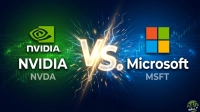 An image split vertically with a green background on the left and a blue background on the right, connected by a central, glowing 'VS.' symbol with electrical sparks. On the left, the green NVIDIA logo is displayed above the words 'NVIDIA' and 'NVDA' in white text. On the right, the multi-colored Microsoft logo (red, green, blue, yellow squares) is above the words 'Microsoft' and 'MSFT' in white text. Both backgrounds feature subtle circuit board patterns and rising stock chart lines, suggesting a financial and technological theme. A '24/7 WALL ST' logo is in the bottom right corner.