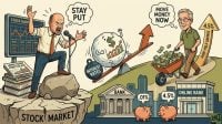 A cartoon comparison of Jim Cramer and Clark Howard giving conflicting financial advice, showing the difference between stock market volatility and high-yield savings opportunities.