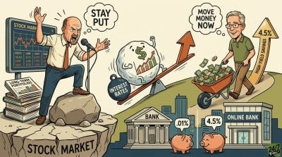 A cartoon comparison of Jim Cramer and Clark Howard giving conflicting financial advice, showing the difference between stock market volatility and high-yield savings opportunities.
