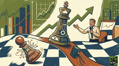 An illustration depicting a large software-themed chess king towering over a falling hardware-themed pawn on a chessboard with financial growth charts.