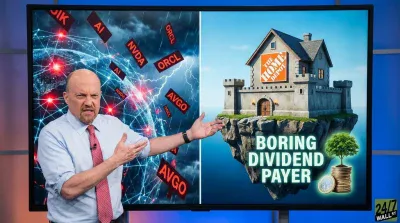 A man with a beard and a light blue shirt, Jim Cramer, stands in front of a large screen. The screen is split into two halves. The left half shows a dark, stormy, digital network with glowing red points and red floating text boxes for stock tickers like AI, NVDA, ORCL, and AVGO. The right half displays a bright blue sky above a floating rock island, on which sits a castle-like house with 'THE HOME DEPOT' logo. Below the house, text reads 'BORING DIVIDEND PAYER', next to a stack of gold coins and a small green tree.