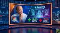A busy financial news studio with a prominent central curved screen. On the left side of the screen, a man with a bald head and a thoughtful expression, Jim Cramer, is shown in a light blue shirt and red tie, with the CNBC Squawk on the Street logo below him. The right side of the screen displays 'AI Shopping' with a search bar and three glowing holographic outlines of winter coats, suggesting an interactive virtual shopping experience. Below this, a green arrow points up next to '+24% META' and a red arrow points down next to '-7.6% AMZN (Aug 28-Sep 28, 2026)'. Surrounding screens show various stock charts, graphs, and a city skyline at night. The foreground has a reflective desk surface with blue and orange lighting.
