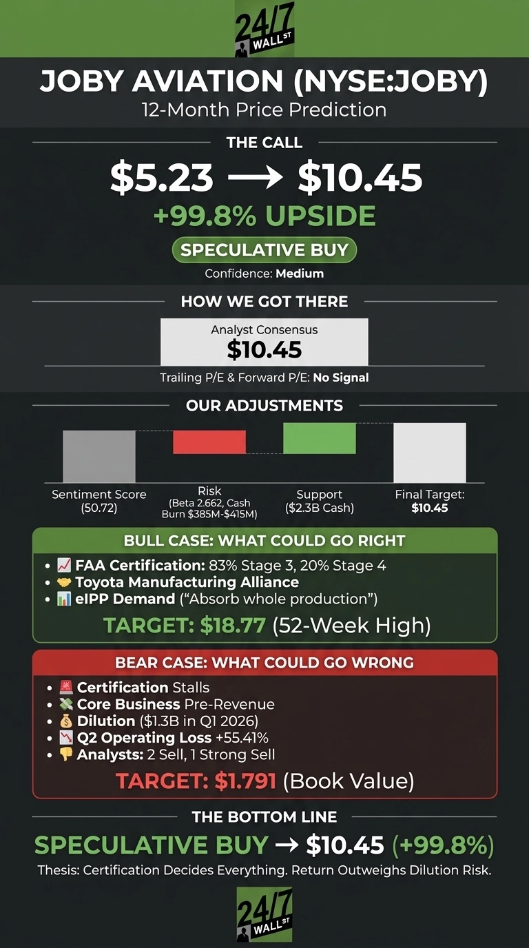 An infographic titled 'JOBY AVIATION (NYSE:JOBY) 12-Month Price Prediction' on a dark grey background. It shows a 'SPECULATIVE BUY' recommendation with a price target increase from $5.23 to $10.45, indicating +99.8% upside and 'Confidence: Medium'. The 'How We Got There' section lists Analyst Consensus at $10.45. 'Our Adjustments' uses bar charts to show Sentiment Score (50.72) in grey, Risk (Beta 2.662, Cash Burn $385M-$415M) in red, Support ($2.3B Cash) in green, and Final Target ($10.45) in white. The 'BULL CASE: WHAT COULD GO RIGHT' section, highlighted in green, lists FAA Certification (83% Stage 3, 20% Stage 4), Toyota Manufacturing Alliance, and eIPP Demand, with a target of $18.77 (52-Week High). The 'BEAR CASE: WHAT COULD GO WRONG' section, highlighted in red, lists Certification Stalls, Core Business Pre-Revenue, Dilution ($1.3B in Q1 2026), Q2 Operating Loss +55.41%, and Analyst Ratings (2 Sell, 1 Strong Sell), with a target of $1.791 (Book Value). The bottom line reiterates 'SPECULATIVE BUY' with a target of $10.45 (+99.8%) and a thesis: 'Certification Decides Everything. Return Outweighs Dilution Risk.'