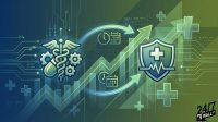 A green and blue digital graphic showing medical symbols like a caduceus and a shield overlaid on rising stock market graphs and circuit board patterns.