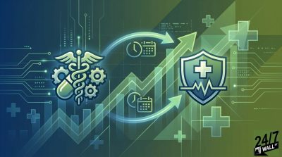 A green and blue digital graphic showing medical symbols like a caduceus and a shield overlaid on rising stock market graphs and circuit board patterns.