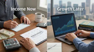 A split image visually contrasts two financial strategies. On the left, an older person's hands are shown writing a check, with stacks of money, a calculator, a J.P. Morgan coffee mug, and a calendar marked 'Monthly Payouts'. On the right, a person's hands type on a laptop displaying a 'Long-Term Growth' stock chart, next to two books titled 'Wealth Building' and 'Quality Factors'. The text 'Income Now' is overlaid on the left, and 'Growth Later' on the right.