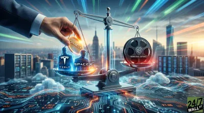 A digitally rendered image features a human hand in a suit sleeve placing a glowing golden coin labeled 'ORACLE' onto a traditional balance scale. The left pan of the scale holds two blue, glowing human-like silhouettes, one with the 'TESLA' logo and the other 'SPACEX'. The right pan holds a dark film reel labeled 'WARNER BROS. / SKYBANCE'. The setting is a blurred, futuristic cityscape with glowing digital circuit board patterns and server racks, all bathed in dynamic blue, orange, and white light. The image conveys a theme of strategic financial balancing.