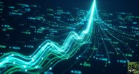 The use of high-contrast neon 'visual vibration' (cyan and emerald) against a dark background creates an immediate stop-point. The low-angle perspective makes the stock's growth feel monumental and unstoppable, tapping into the reader's curiosity about market momentum.
