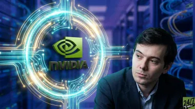 A serious-looking Martin Shkreli, a man with dark hair and light skin, is featured on the right side of the image, looking towards the left. He wears a dark suit jacket over a light-colored collared shirt. On the left, a bright green NVIDIA logo and 'NVIDIA' text are centered within an elaborate, glowing abstract circuit board design, depicted with blue and golden lines forming concentric circles and intricate connections. The background is a softly blurred server room with vertical equipment racks and cabling in shades of blue and purple. A '24/7 WALL ST' watermark is visible in the bottom right corner.
