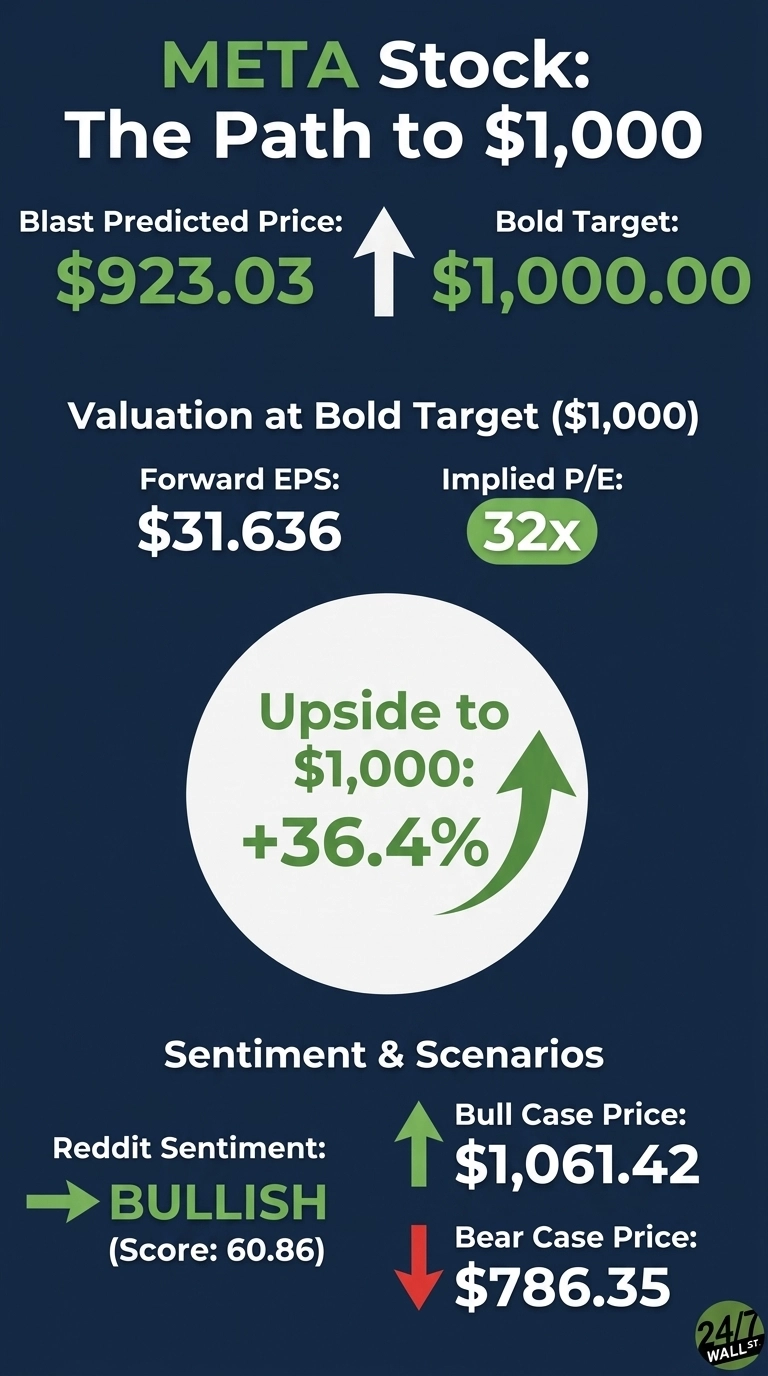 An infographic titled 'META Stock: The Path to $1,000' on a dark blue background. It displays a Blast Predicted Price of $923.03 and a Bold Target of $1,000.00, both in green text, accompanied by a large white upward arrow. Under 'Valuation at Bold Target ($1,000)', Forward EPS is $31.636 and Implied P/E is 32x. A large white circle highlights 'Upside to $1,000: +36.4%' in green text with a prominent green upward arrow. Below, in 'Sentiment & Scenarios', Reddit Sentiment is 'BULLISH (Score: 60.86)' with a green right arrow, the Bull Case Price is $1,061.42 with a green upward arrow, and the Bear Case Price is $786.35 with a red downward arrow. The 24/7 WALL ST logo is in the bottom right corner.