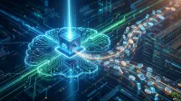 A high-tech digital illustration shows a glowing blue cube with an infinity symbol, emanating a vertical beam of light upwards. The cube is positioned on a vibrant circuit board shaped like a brain, outlined in neon blue and green. To the right, a dynamic flow of glowing digital coins and data elements streams along a curved pathway. The background features intricate, luminous circuit patterns against a dark, technologically advanced landscape.