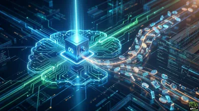 A high-tech digital illustration shows a glowing blue cube with an infinity symbol, emanating a vertical beam of light upwards. The cube is positioned on a vibrant circuit board shaped like a brain, outlined in neon blue and green. To the right, a dynamic flow of glowing digital coins and data elements streams along a curved pathway. The background features intricate, luminous circuit patterns against a dark, technologically advanced landscape.