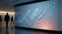 A large digital display on a curved wall shows numerous translucent light blue and grey arrows pointing upwards and to the right, creating a layered, interconnected pattern. The bottom right of the display has an orange-pink glow. In the blurred foreground, silhouettes of business professionals in suits walk past the display in a softly lit modern office hallway.