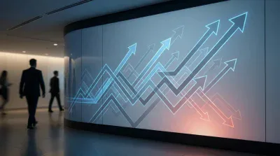 A large digital display on a curved wall shows numerous translucent light blue and grey arrows pointing upwards and to the right, creating a layered, interconnected pattern. The bottom right of the display has an orange-pink glow. In the blurred foreground, silhouettes of business professionals in suits walk past the display in a softly lit modern office hallway.