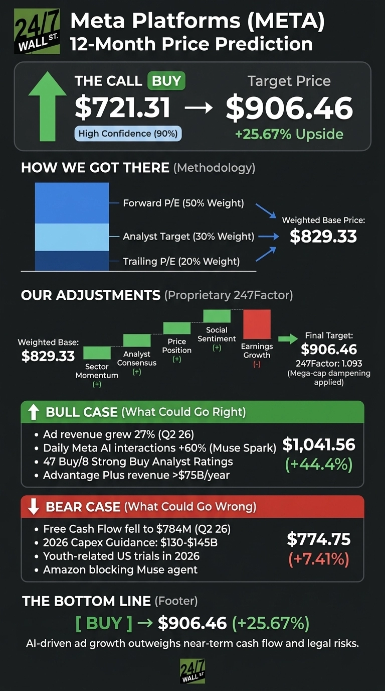An infographic titled 'Meta Platforms (META) 12-Month Price Prediction.' It indicates a current price of $721.31 and a target price of $906.46, representing a 'BUY' call with high confidence (90%) and a +25.67% upside. A section 'How We Got There (Methodology)' uses a stacked bar chart to show a weighted base price of $829.33, derived from Forward P/E (50% Weight), Analyst Target (30% Weight), and Trailing P/E (20% Weight). 'Our Adjustments (Proprietary 247Factor)' illustrates a step chart from the $829.33 weighted base to the $906.46 final target, with positive adjustments for Sector Momentum, Analyst Consensus, Price Position, Social Sentiment, and a negative adjustment for Earnings Growth. Bull case scenarios are listed, leading to a target of $1,041.56 (+44.4%), including ad revenue growth, daily Meta AI interactions, strong analyst ratings, and Advantage Plus revenue. Bear case scenarios are listed, leading to a target of $774.75 (+7.41%), including free cash flow decline, high Capex guidance, youth-related US trials, and Amazon blocking Muse agent. The bottom line reiterates a BUY call at $906.46 (+25.67%), noting AI-driven ad growth outweighs near-term cash flow and legal risks.