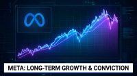 A dark digital interface displays a stock market chart with a prominent upward trend, featuring jagged blue and smoother purple lines against a blue-grid background. The Meta Platforms (META) logo, an azure infinity symbol, is in the top left. A white banner at the bottom reads 'META: LONG-TERM GROWTH & CONVICTION'.