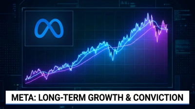 A dark digital interface displays a stock market chart with a prominent upward trend, featuring jagged blue and smoother purple lines against a blue-grid background. The Meta Platforms (META) logo, an azure infinity symbol, is in the top left. A white banner at the bottom reads 'META: LONG-TERM GROWTH & CONVICTION'.