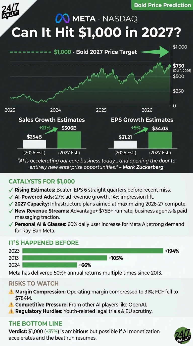 An infographic titled 'Can It Hit $1,000 in 2027?' for Meta Platforms (META) NASDAQ stock. The background is a dark gray with green highlights. A line graph shows Meta's stock performance from 2023 to October 1, 2026, with the current price at $730 and a bold 2027 price target of $1,000. Below the graph are two bar charts: one for Sales Growth Estimates showing $254B (2026 Est.) and $306B (2027 Est.) with a +21% growth, and another for EPS Growth Estimates showing $31.21 (2026 Est.) and $34.03 (2027 Est.) with a +9% growth. A quote from Mark Zuckerberg regarding AI accelerating business opportunities is included. Additional sections detail 'Catalysts for $1,000' (Rising Estimates, AI-Powered Ads, 2027 Capacity, New Revenue Streams, Personal AI & Glasses), 'It's Happened Before' (annual returns of +194% in 2023, +105% in 2013, +66% in 2024), and 'Risks to Watch' (Margin Compression, Competitive Pressure, Regulatory Hurdles). The infographic concludes that $1,000 (+37%) is ambitious but possible if AI monetization accelerates and the beat run resumes. The '24/7 Wall St.' logo appears in the top left and bottom right corners.