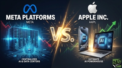 A stylized image comparing Meta Platforms and Apple Inc.'s AI strategies. On the left, under the Meta logo, servers represent centralized AI and data centers with a red downward trend line. On the right, under the Apple logo, an iPhone and a MacBook show 'NPU' and 'AI' chips, signifying on-device edge AI, with a green upward trend line. A glowing 'VS.' separates the two companies.
