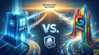 A stylized graphic showing a blue, fortress-like structure labeled 'AI' and 'MSFT' on the left, facing a colorful, dynamic structure with the Google 'G' logo and 'GOOGL' on the right. A large 'VS.' sits in the center. Above, the text 'RETIREMENT SECURED' is visible against a sunset horizon. Below the 'VS.', a shield icon features an egg and a clock, symbolizing savings and time. The entire scene is set on a futuristic circuit board landscape with glowing lines and a road stretching into the distance.