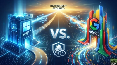 A stylized graphic showing a blue, fortress-like structure labeled 'AI' and 'MSFT' on the left, facing a colorful, dynamic structure with the Google 'G' logo and 'GOOGL' on the right. A large 'VS.' sits in the center. Above, the text 'RETIREMENT SECURED' is visible against a sunset horizon. Below the 'VS.', a shield icon features an egg and a clock, symbolizing savings and time. The entire scene is set on a futuristic circuit board landscape with glowing lines and a road stretching into the distance.